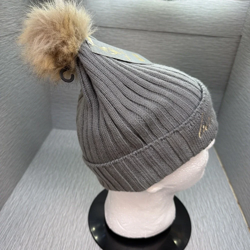 Baby Phat Beanie Knit Hat Grey‎ Faux Fur Pom Y2K Streetwear One Size